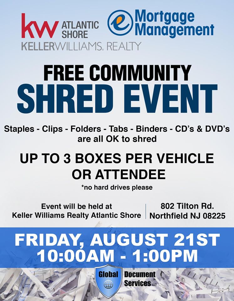 Free Community Shred Event Friday August 21st 10AM1PM Northfield, NJ